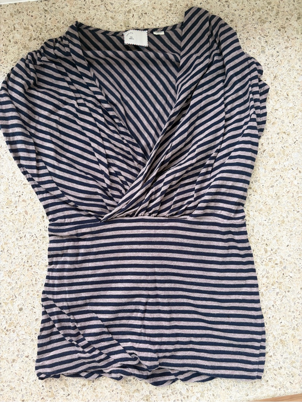 Striped V-Neck Wrap Women’s Top in Navy and Taupe